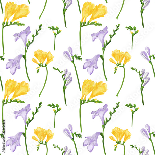 Seamless pattern with colorful freesia flowers and buds. Fabric wallpaper print texture on white background.