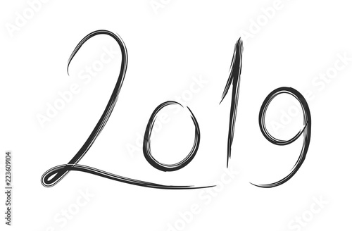 Hand drawn lettering with 2019 number of new year. Scratched line date of the eastern Pig years for banner decoration, card and calendar design