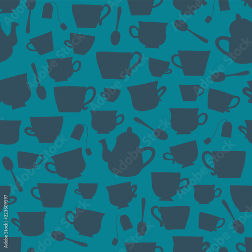 Tea cups silhouettes vector seamless pattern background darkblue on teal. Tea time. Cups, teapots, spoons, teabags. For packaging, fabric, menu, cafe, bakery, tea party, card, winter, scandinavian