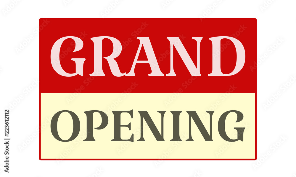 Grand Opening - written on red card on white background