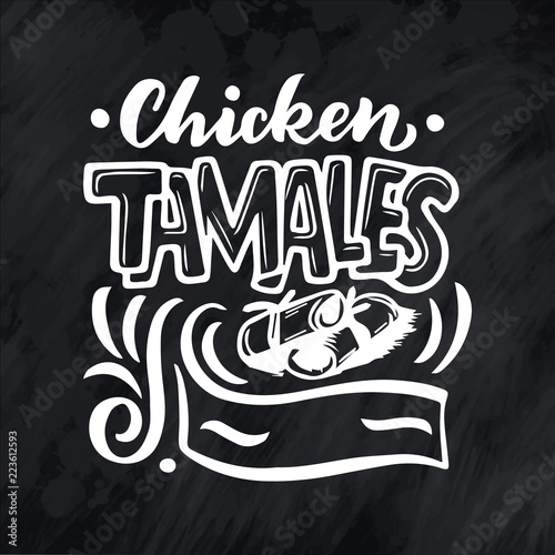 Mexican Menu lettering with traditional food names Guacamole, Enchilada, Tacos, Nachos and more. Vector vintage illustration on chalk background