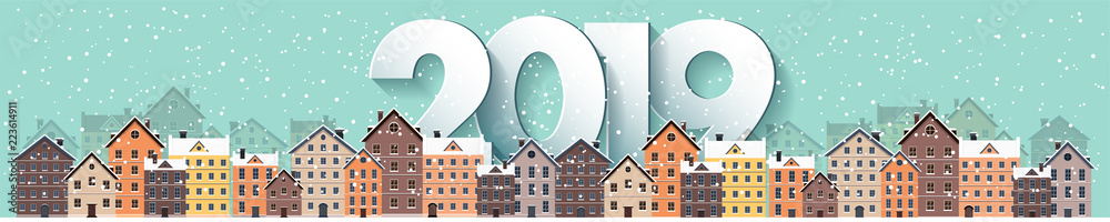 2019. Winter urban landscape. City with snow. Christmas and new year. Cityscape. Buildings.Vector illustration.Lettering.