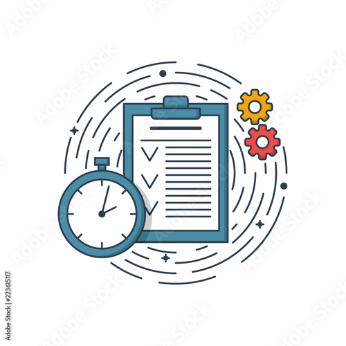 Vector business illustration of blue colors folder page, clock and engineering. Graphic design concept of product managment. Use in Web Project and app. Outline object.