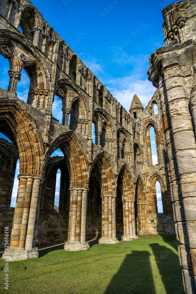 Whitby Abbey North Yorkshire Coast UK. Perched high on a cliff, the haunting remains of Whitby Abbey were inspiration for Bram Stoker's gothic tale of 'Dracula'. 