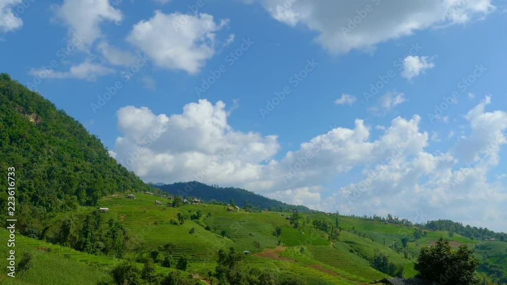 Video time lapse of white cloud moving on blue sky over the green paddy field / rice field fram in the afternoon at countryside in Chiangmai, Thailand Video time lapse of white cloud moving on blue sky over the green paddy field / rice field fram in the afternoon at countryside in Chiangmai, Thailand