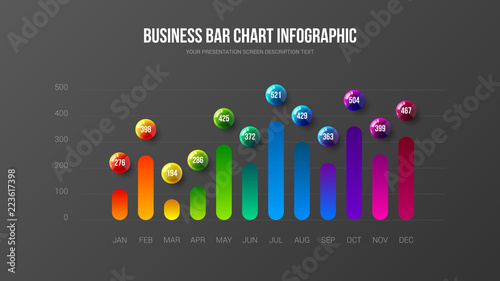 Business infographic presentation vector 3D colorful balls illustration. Corporate marketing analytics report vertical bar chart design layout. Statistics information graphic visualization template.