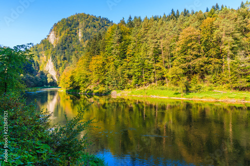 View of Dunajec river in autumn landscape of Pieniny Mountains, Poland