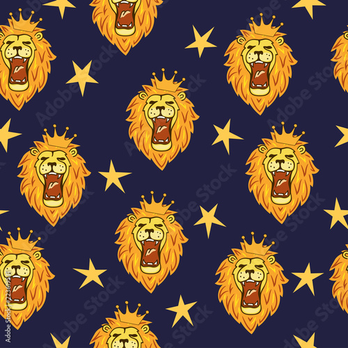 Fototapeta Naklejka Na Ścianę i Meble -  Seamless roaring lions pattern with crowns and stars.