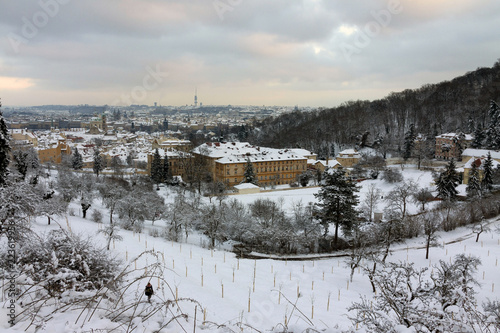 Snowy Prague City in the sunny Day, Czech Republic