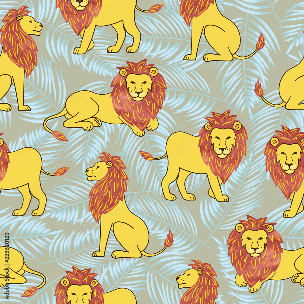 Vector seamless pattern with hand drawn lions. Vector seamless pattern with hand drawn lions.