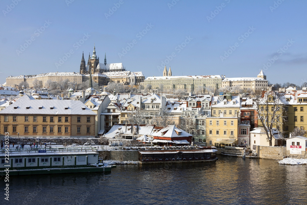 Christmas Snowy Prague City with gothic Castle, Czech republic