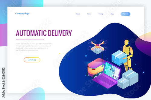 Isometric Drone Fast Delivery of goods in the city. Technological shipment innovation concept. Autonomous logistics. Robot delivery web concept