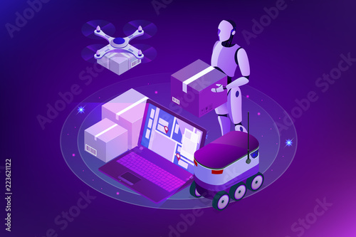 Isometric Drone Fast Delivery of goods in the city. Technological shipment innovation concept. Autonomous logistics. Robot delivery web concept