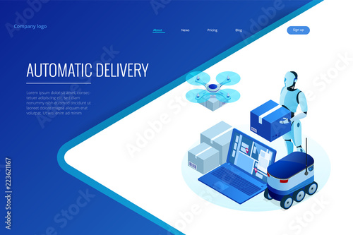 Isometric Drone Fast Delivery of goods in the city. Technological shipment innovation concept. Autonomous logistics. Robot delivery web concept