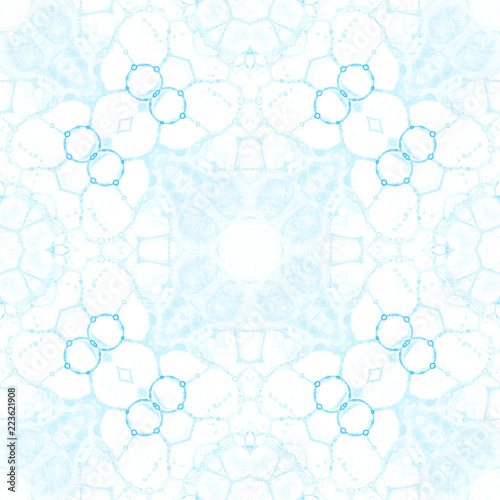 Blue seamless pattern. Appealing delicate soap bubbles. Lace hand drawn textile ornament. Kaleidosco