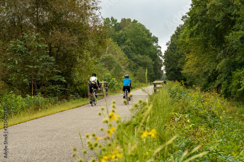 Male Cyclists on Bike Path with Trees and Bridge