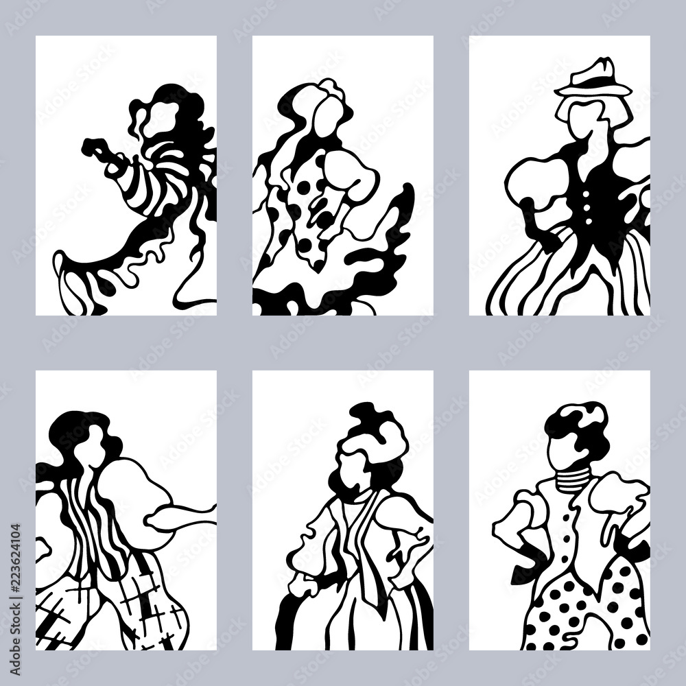 Cards of the dancing happy people in the folk costumes on a white background. Vector illustration.