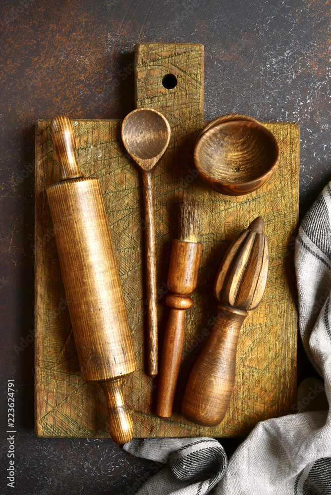 Wooden rustic kitchen props. Top view with copy space. Wooden rustic kitchen props. Top view with copy space.