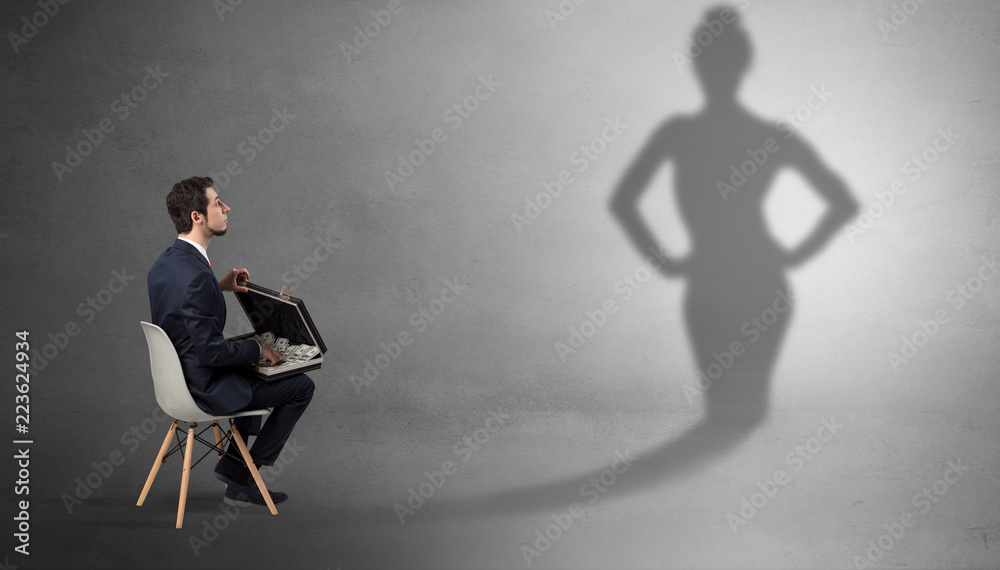 Rich businessman staying and offering stuffs to a pretty shadow woman
Rich businessman staying and offering stuffs to a pretty shadow woman