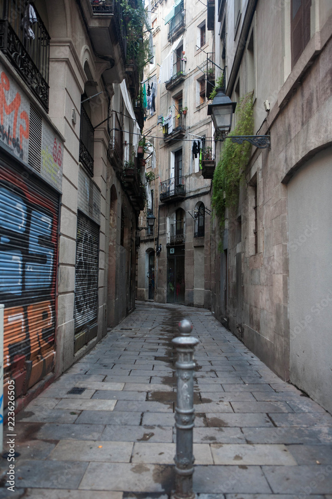 Narrow cobble street in Barcelona