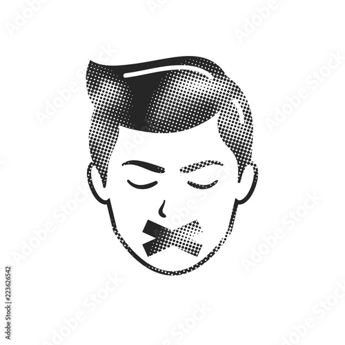 Halftone Icon - Male face with adhesive tape on his mouth.