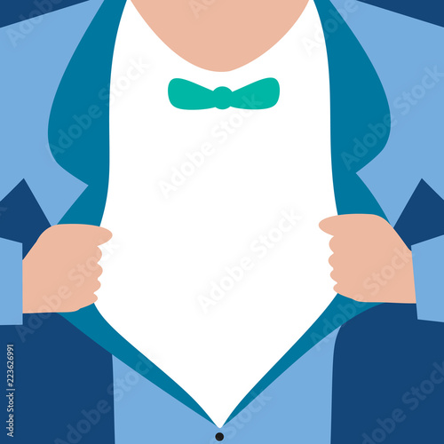 Flat design business Vector Illustration concept Empty copy space modern abstract background Geometric element. Man wearing Formal Suit Opening Half of his Tuxedo Jacket Coat wider