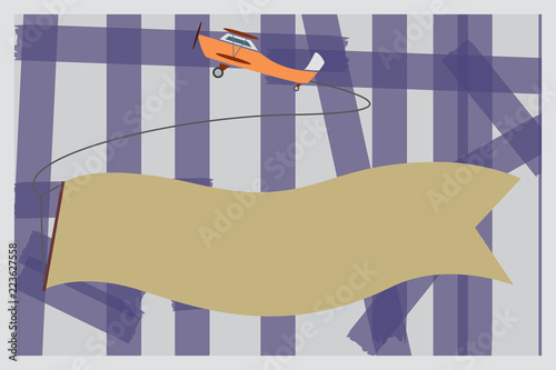 Flat design business Vector Illustration Empty template esp isolated Minimalist graphic layout template for advertising. Flying Propel Plane Pulling a Blank Long Banner Strip for advertisement