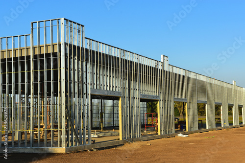 Steel framing members of new commercial building under construction.