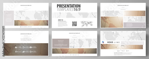 The minimalistic abstract vector illustration of the editable layout of high definition presentation slides design business templates. Global network connections, technology background with world map.