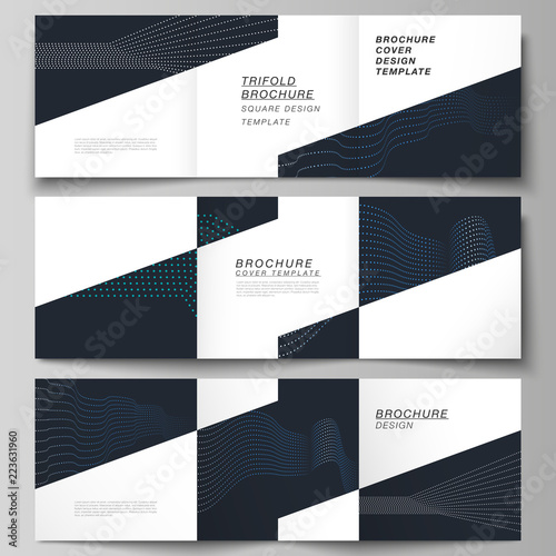 The minimal vector editable layout of two square format covers design templates with simple geometric background made from dots, circles for trifold square brochure, flyer, magazine.