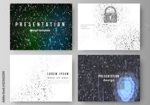 The minimalistic abstract vector layout of the presentation slides design business templates. Binary code background. AI, big data, coding or hacker concept, digital technology background.