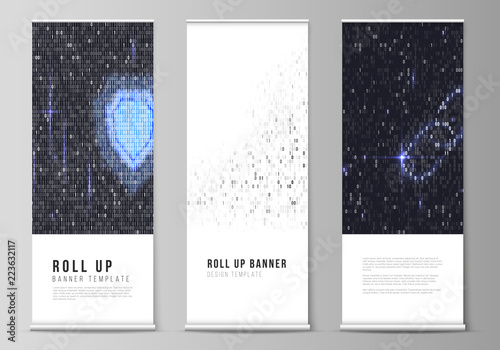 The vector layout of roll up banner stands, vertical flyers, flags design business templates. Binary code background. AI, big data, coding or hacker concept, digital technology background.