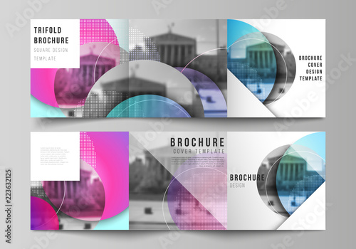 The minimal vector editable layout of two square format covers design templates for trifold square brochure, flyer, magazine. Creative modern bright background with colorful circles and round shapes.