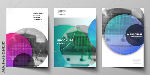 The vector layout of A4 format modern cover mockups design templates for brochure, magazine, flyer, booklet, annual report. Creative modern bright background with colorful circles and round shapes