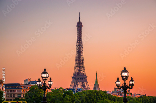 Sunset view of  Eiffel Tower and Alexander III Bridge in Paris, France. © Olena Zn