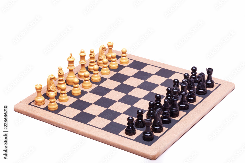 A chess board and chess pieces isolated on a white background A chess board and chess pieces isolated on a white background