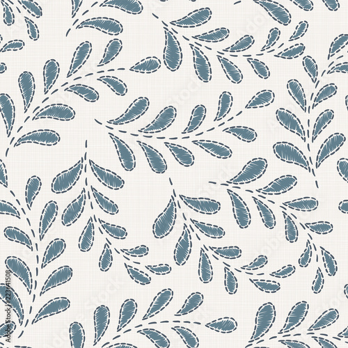  Embroidery floral seamless pattern on linen cloth texture