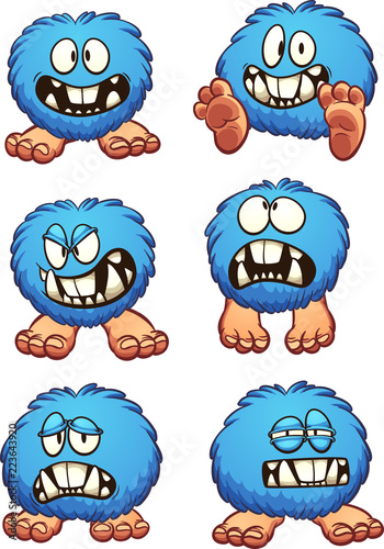 Blue fluffy ball cartoon monster with different expressions. Vector clip art illustration with simple gradients. Each on a separate layer. 