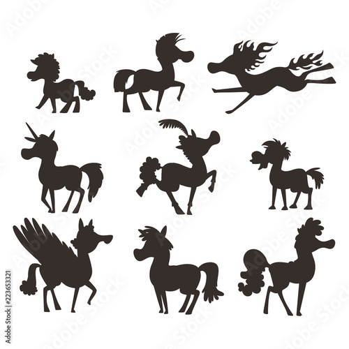 Horse pony stallion vector silhouette breeds color farm equestrian mammal domestic animal mane zoo character illustration.
