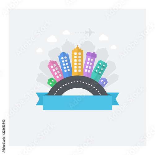 Vector design of modern cityscape with text area. Illustration with modern flat icons: road, buildings, sky.