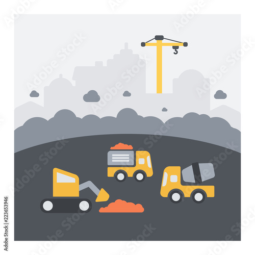 Urban landscape of urban construction work. Flat icons, dust and vehicles in action.