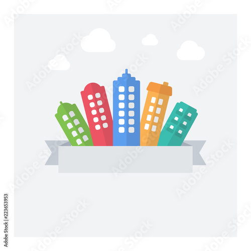 Vector flat illustration of modern cityscape with text area.