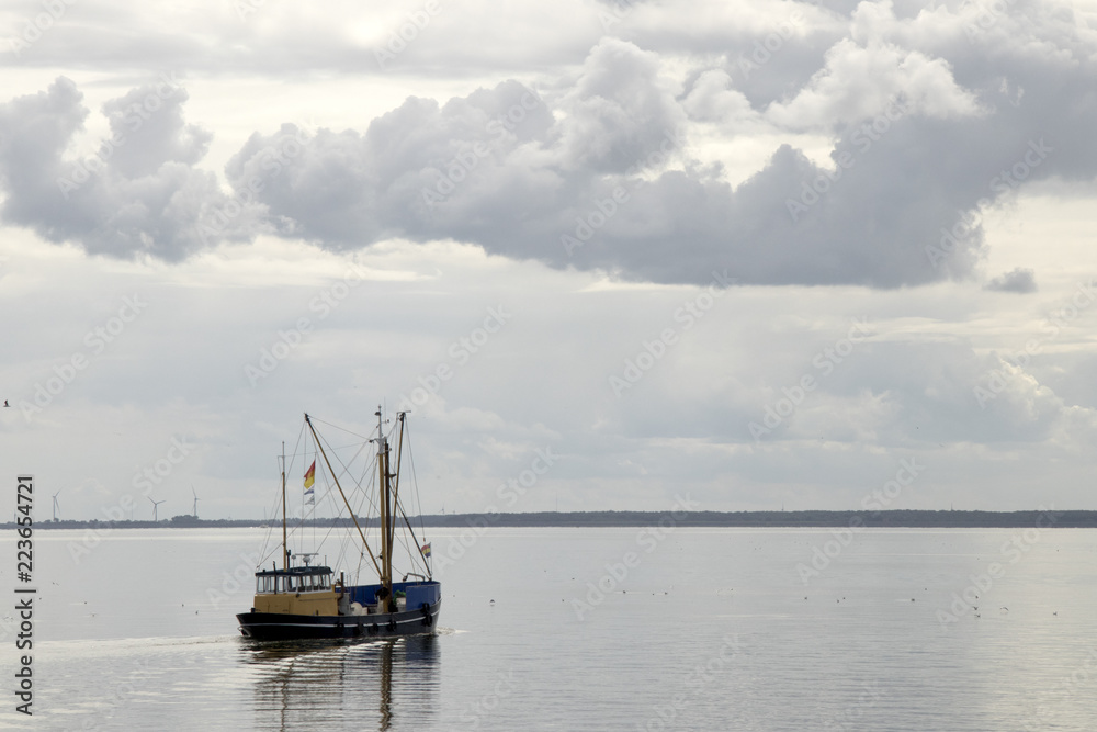 Fishing boat is emptying the nets, placed along the Aflsluitdijk in a calm peacfull IJsslemeer