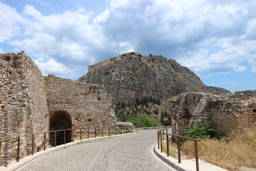View from fortifications of Acronauplia fortress to Palamidi castle, Nafplio, Peloponnese, Greece