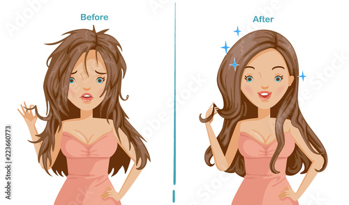 damaged hair of woman. before and after hair care. difference is obvious. comparative, positive and negative emotions. hair is pointed and beautiful long hair. Illustrations for styling and product.