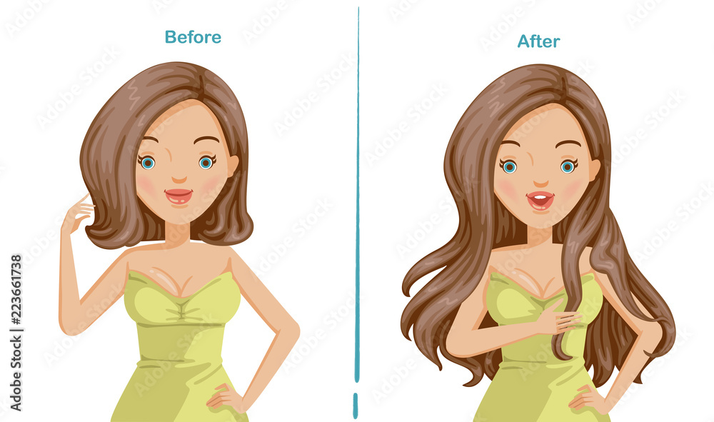 Hair extension of woman. before and after hair extension. trendy hairstyles, haircuts, long hair and short hair stylish. wigs and beauty innovations Illustrations for beauty salon.
