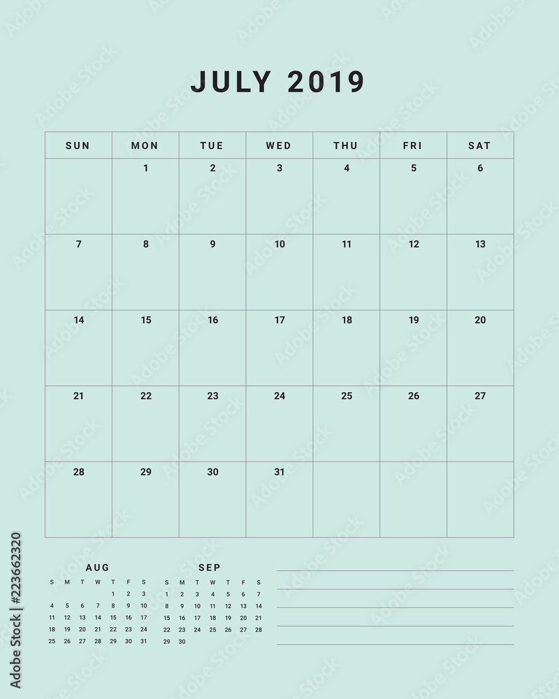 July 2019 desk calendar vector illustration - obrazy, fototapety, plakaty 