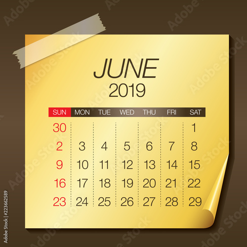 June 2019 monthly calendar vector illustration