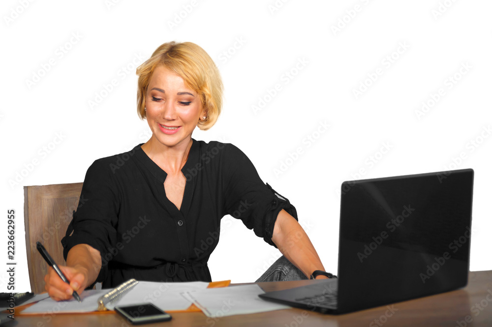 office corporate portrait of young beautiful and happy business woman working relaxed at laptop computer desk smiling confident in job success isolated on white office corporate portrait of young beautiful and happy business woman working relaxed at laptop computer desk smiling confident in job success isolated on white