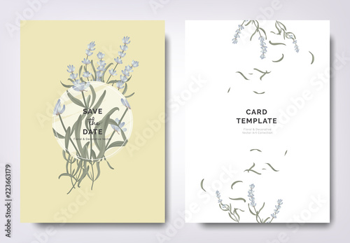 Fototapeta Naklejka Na Ścianę i Meble -  Botanical wedding invitation card template design, lavandula/lavender flowers and leaves with circle frame on yellow background, minimalist vintage style